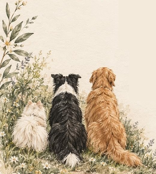 Un gato blanco, un border collie y un golden retriever sentados mirando al horizonte